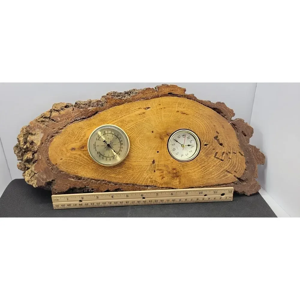 Rustic Wood Slab Wall Clock Thermometer Natural Log Cabin Decor AS IS Untested